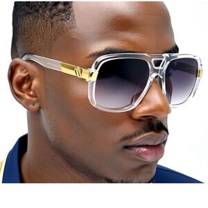 Men Sunglasses Designer Square Black Lens Gold Fashion Classic Retro Vintage NEW